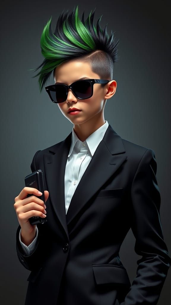 Confident MIB Agent in Futuristic Noir Attire