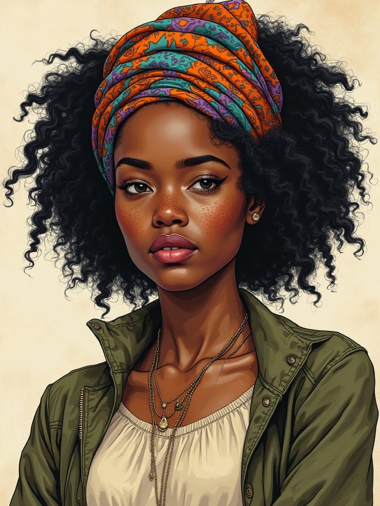 Graphic Novel Portrait of Determined Black Woman