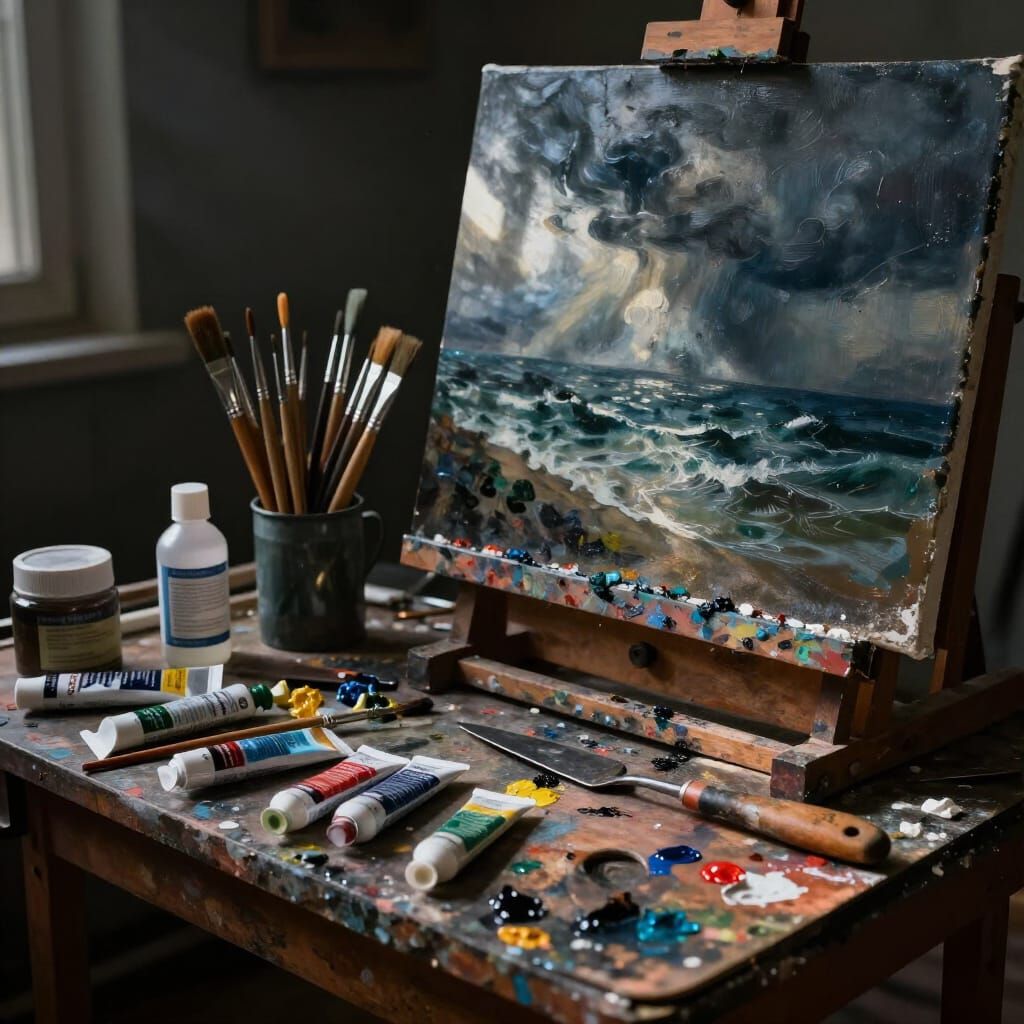 Artist's Workbench with Stormy Seascape and Noir Lighting