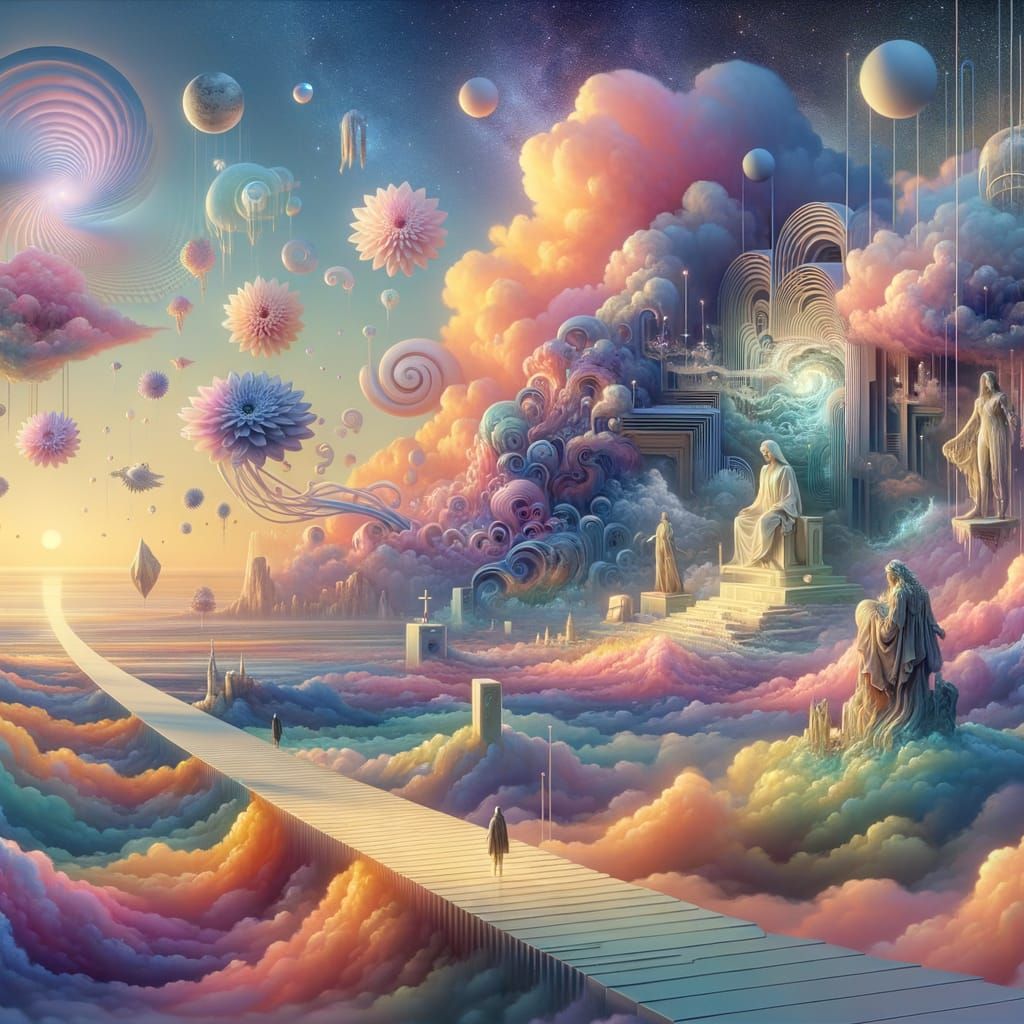 Dreamscape Panorama with Pastel Clouds and Floating Statues