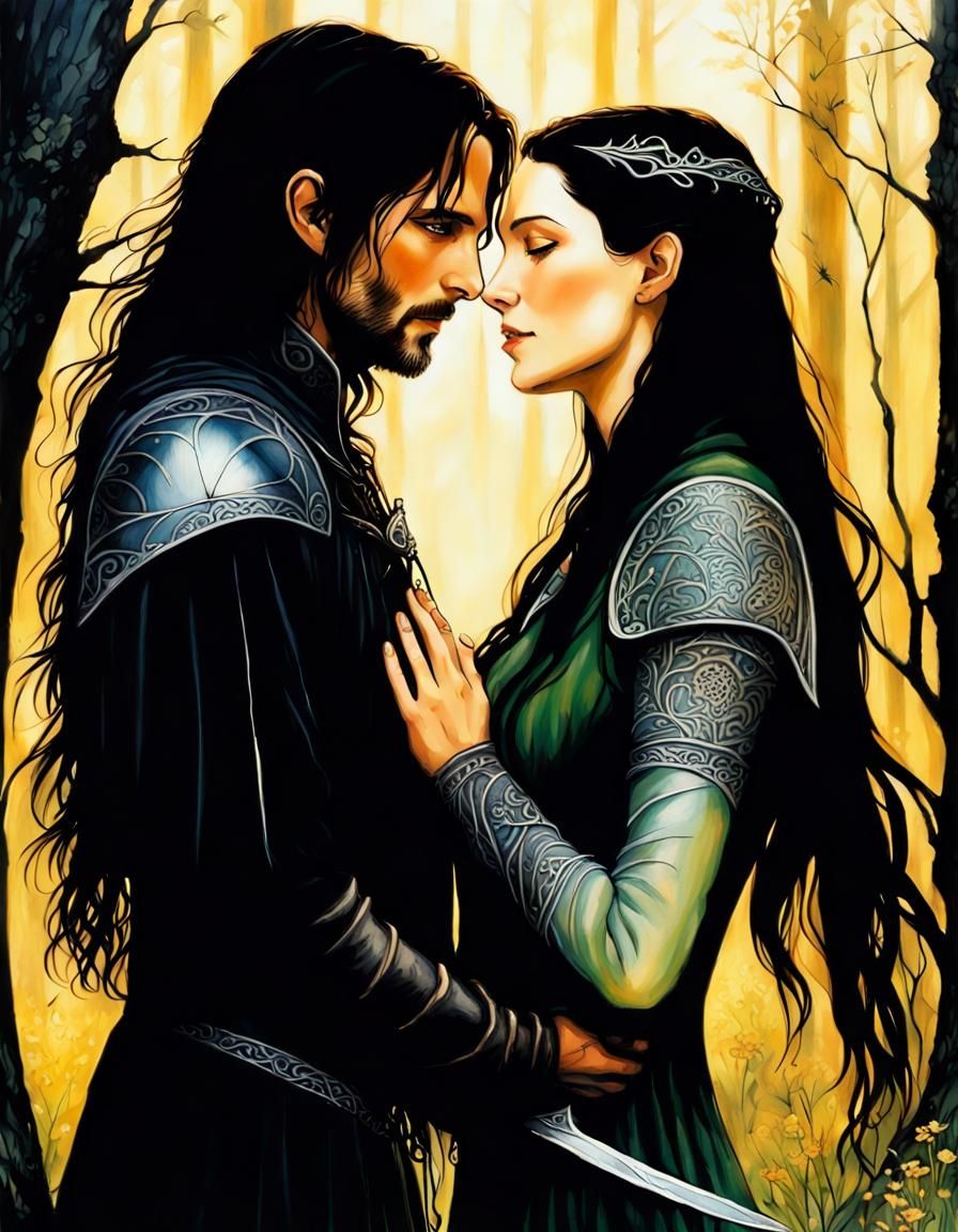 Affectionate Arwen and Aragorn, Amano-style Digital Art