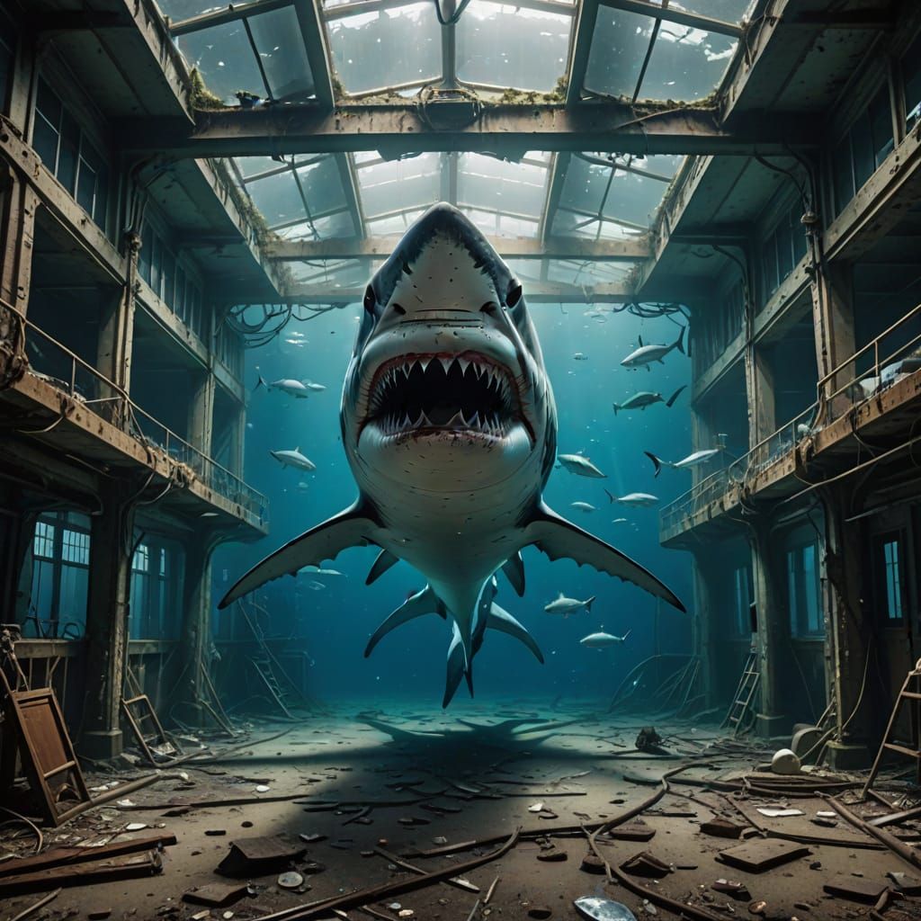 Giant Shark in Abandoned Underwater Lab