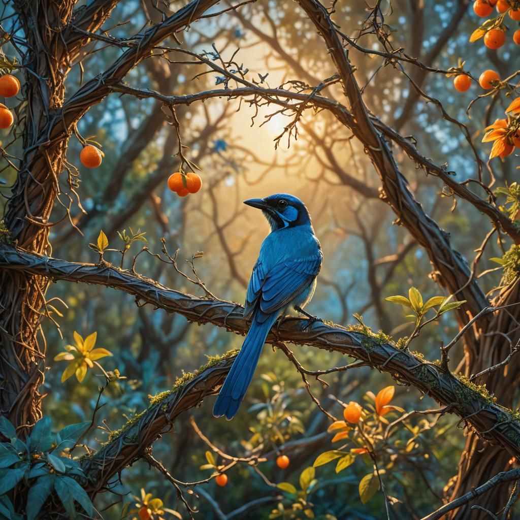 California Scrub-Jay in Sun-Drenched Forest