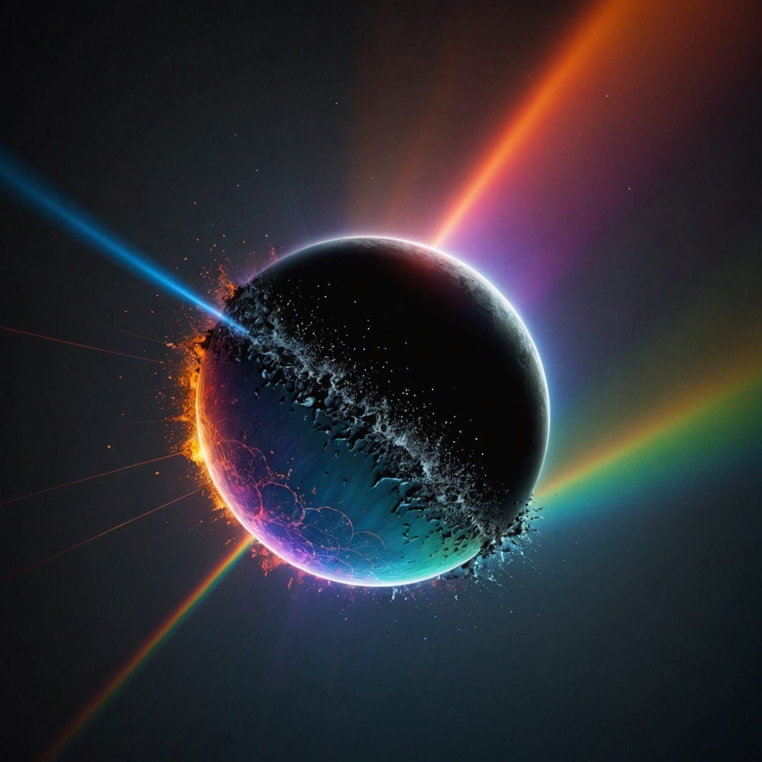 Black Metal Moon Object Exploding with Rainbow Mist