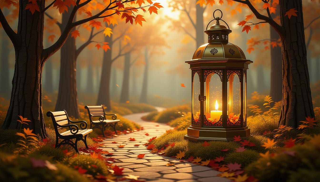 Whimsical Autumn Forest Inside a Vintage Lantern