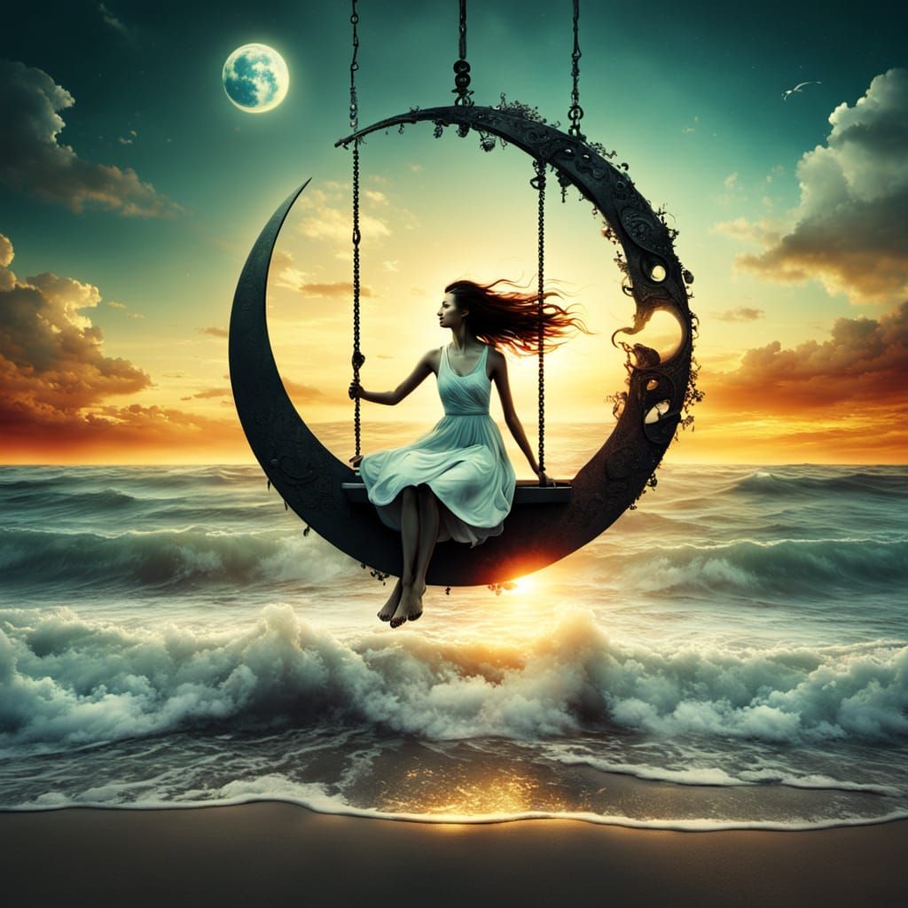 Surreal Sunset Goddess Swings over Vibrant Beach