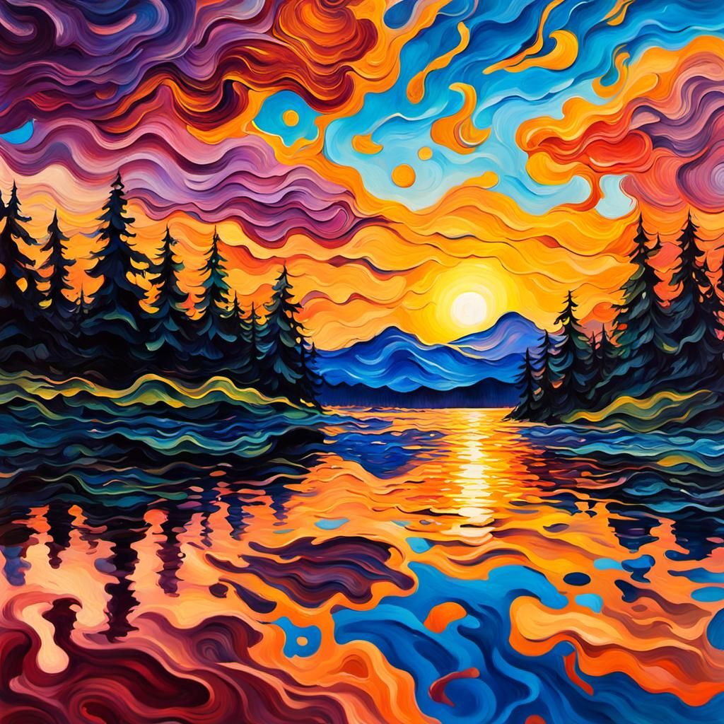 Sunset Lake Reflection in Gouache Style
