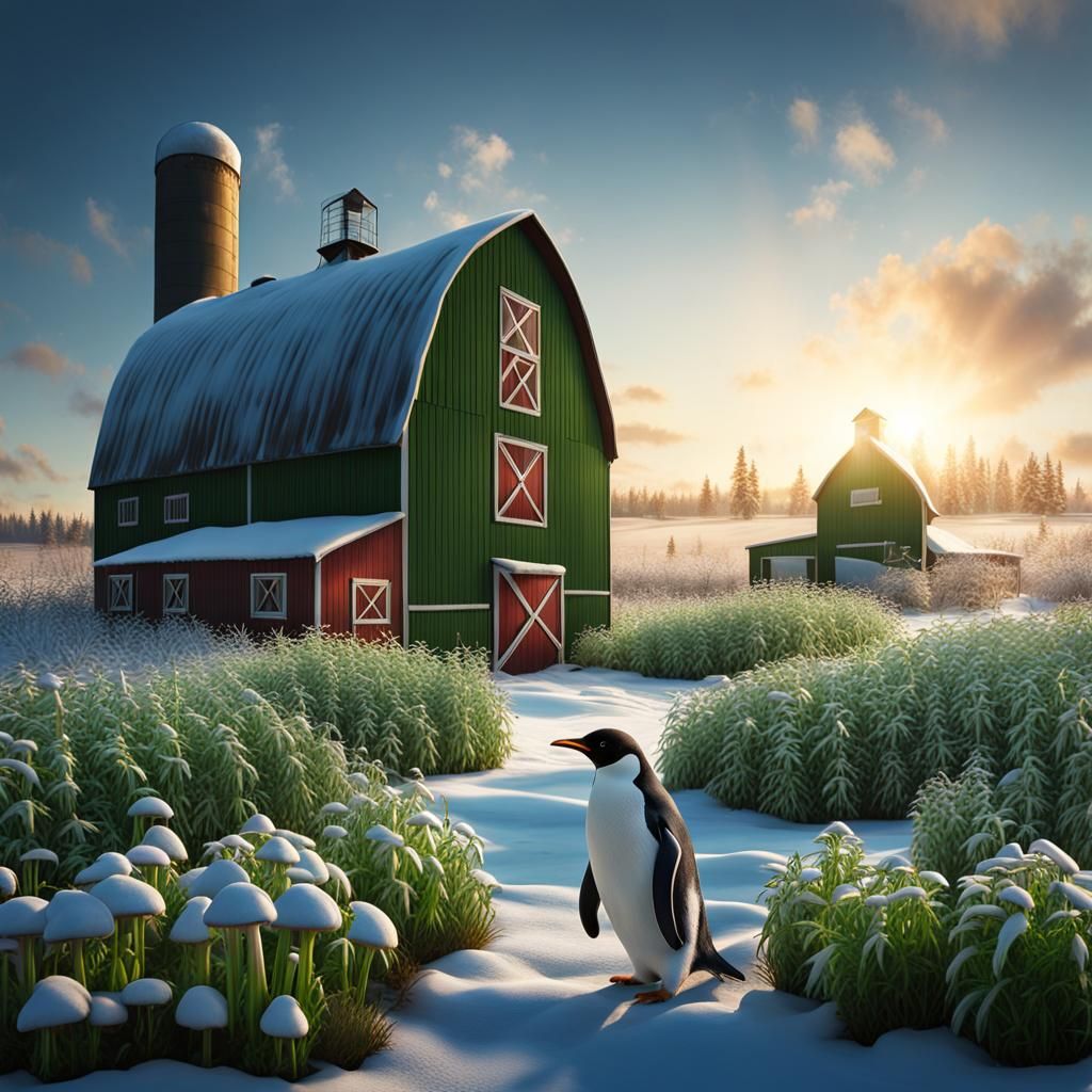 Frosty Cannabis Farm with Penguins and "SHROOMIS" Brand