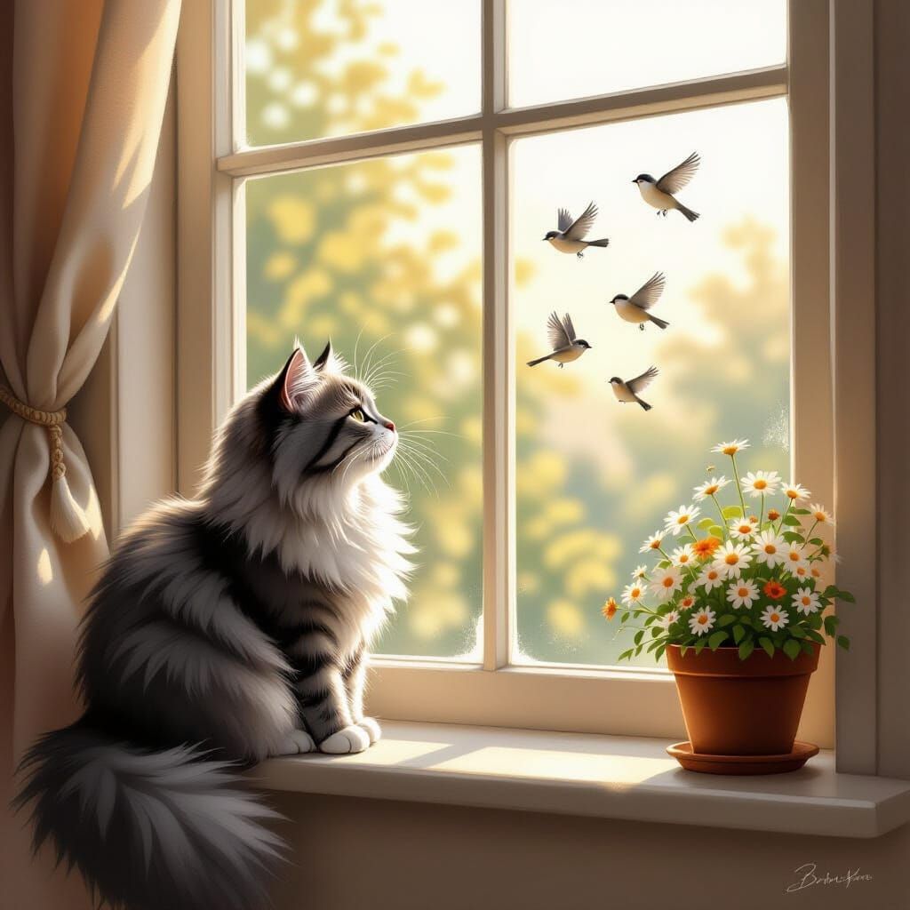 Fluffy Grey Cat Watches Birds from Window