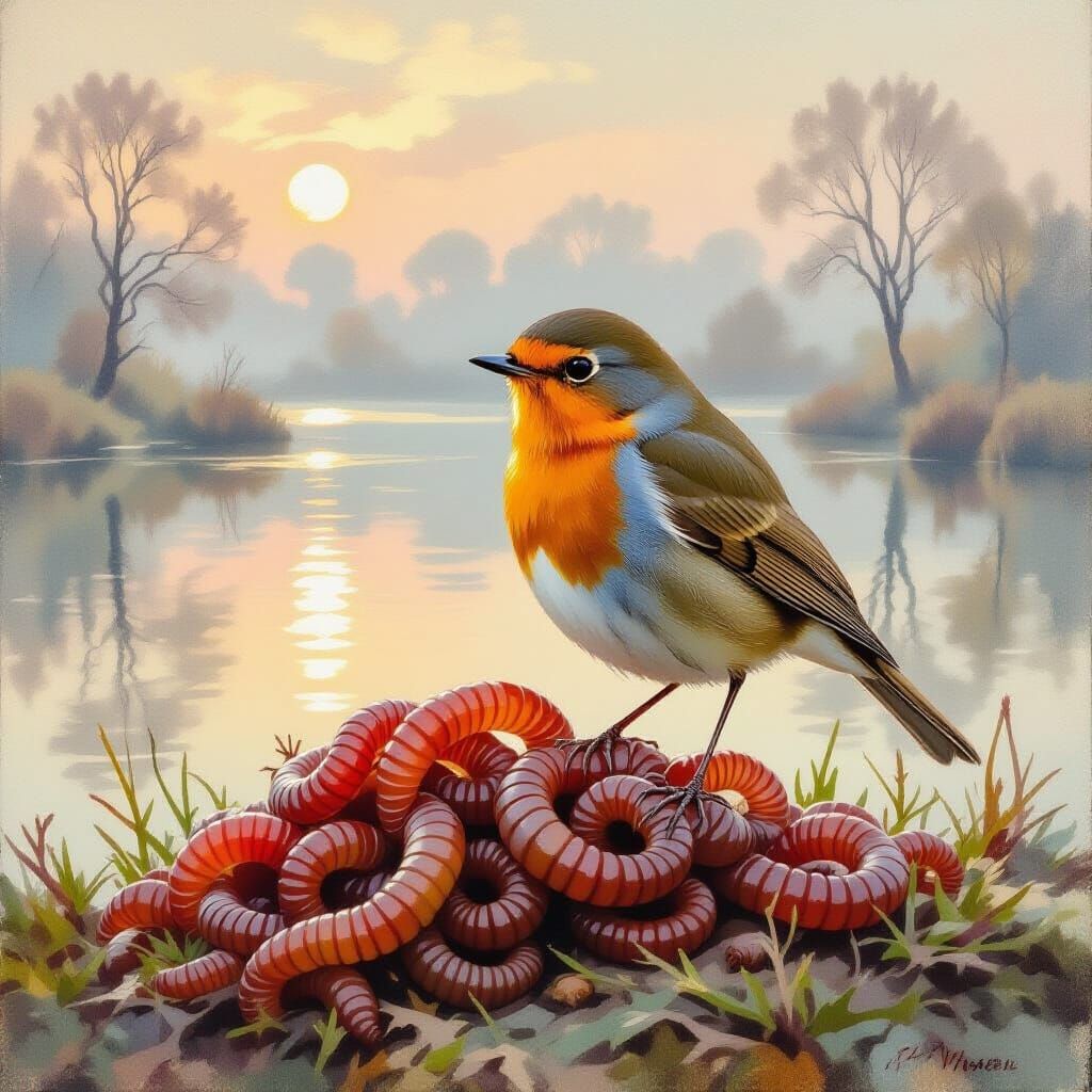 Robin with Worms: Impressionistic Animal Study