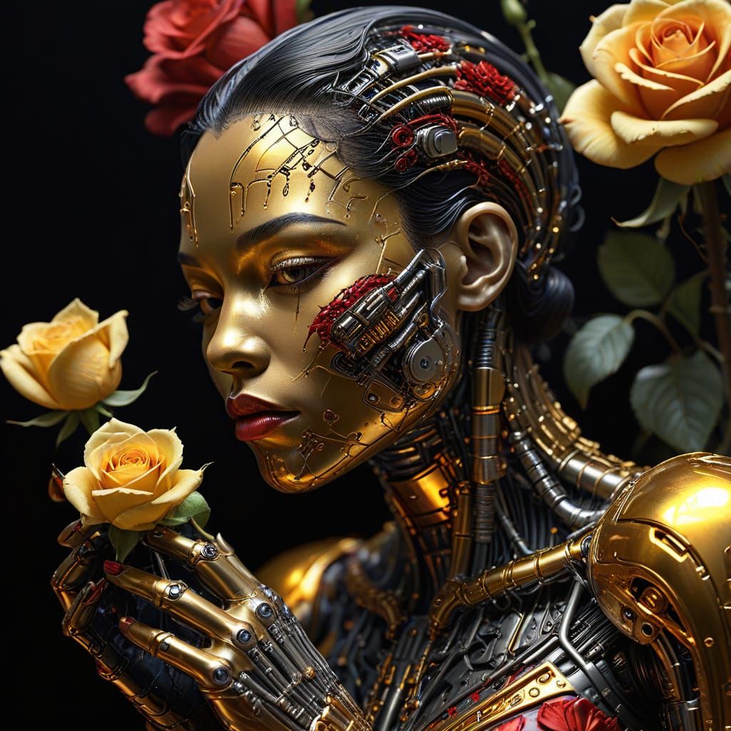 Cybernetic Goddess Tenderly Holds a Rose in Warm Monochromat...