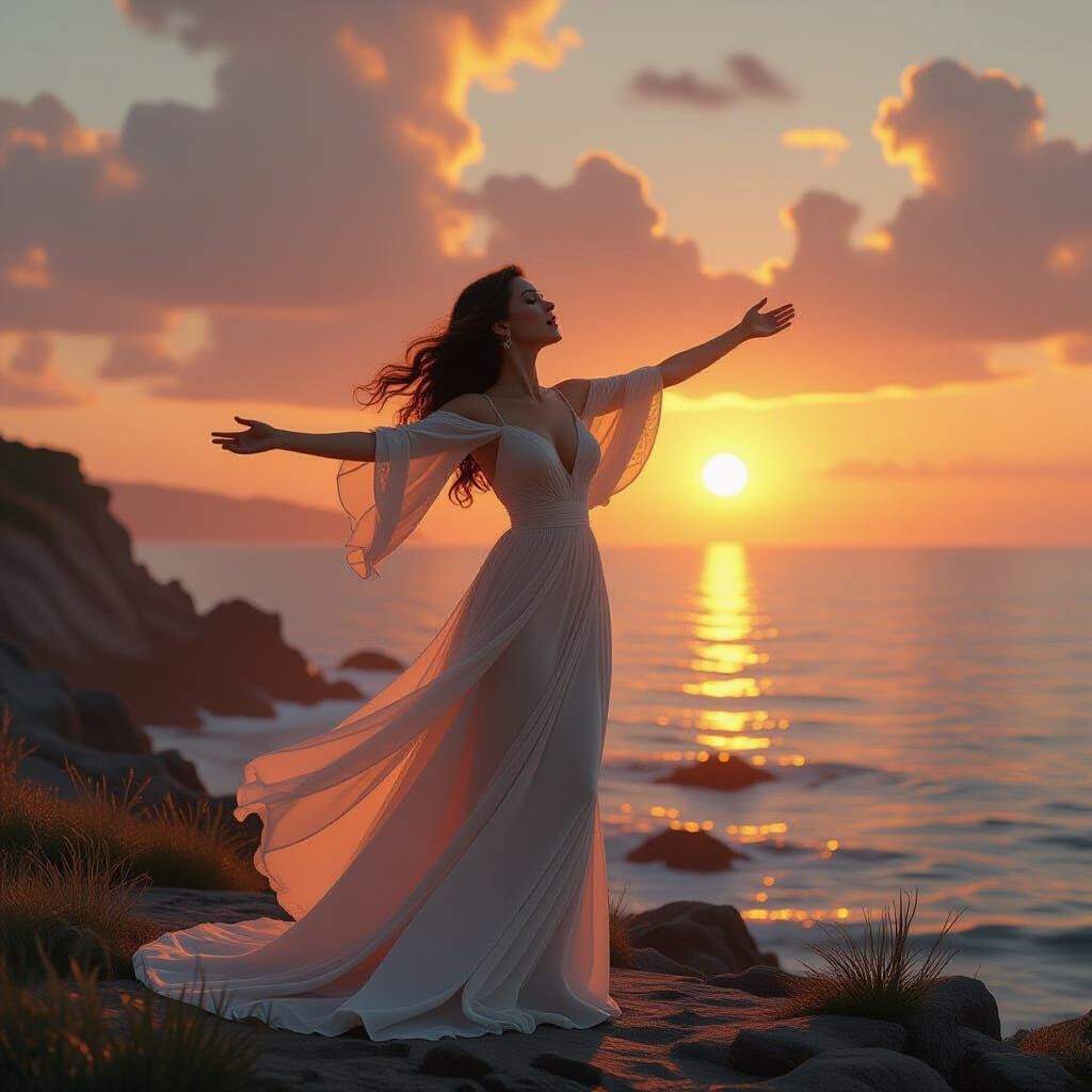 Elegant Woman Singing at Sunset, Digital Painting