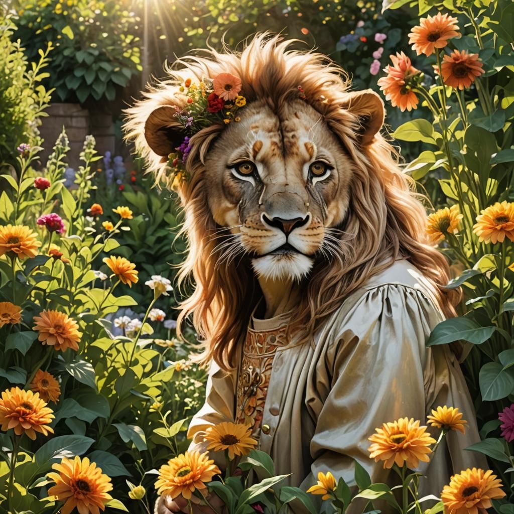 Lion and Girl in Sunny Flower Garden