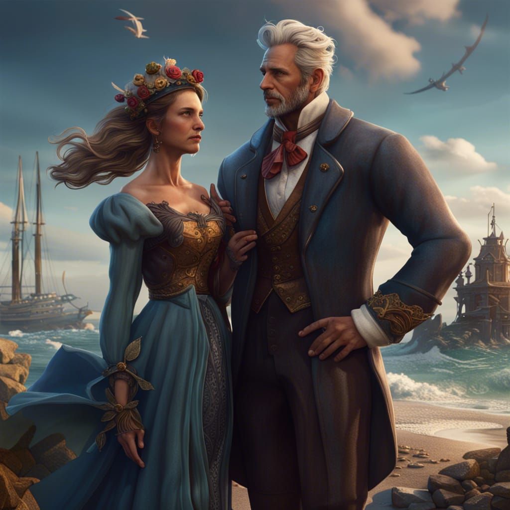 Seaside Couple in Detailed Fantasy Painting