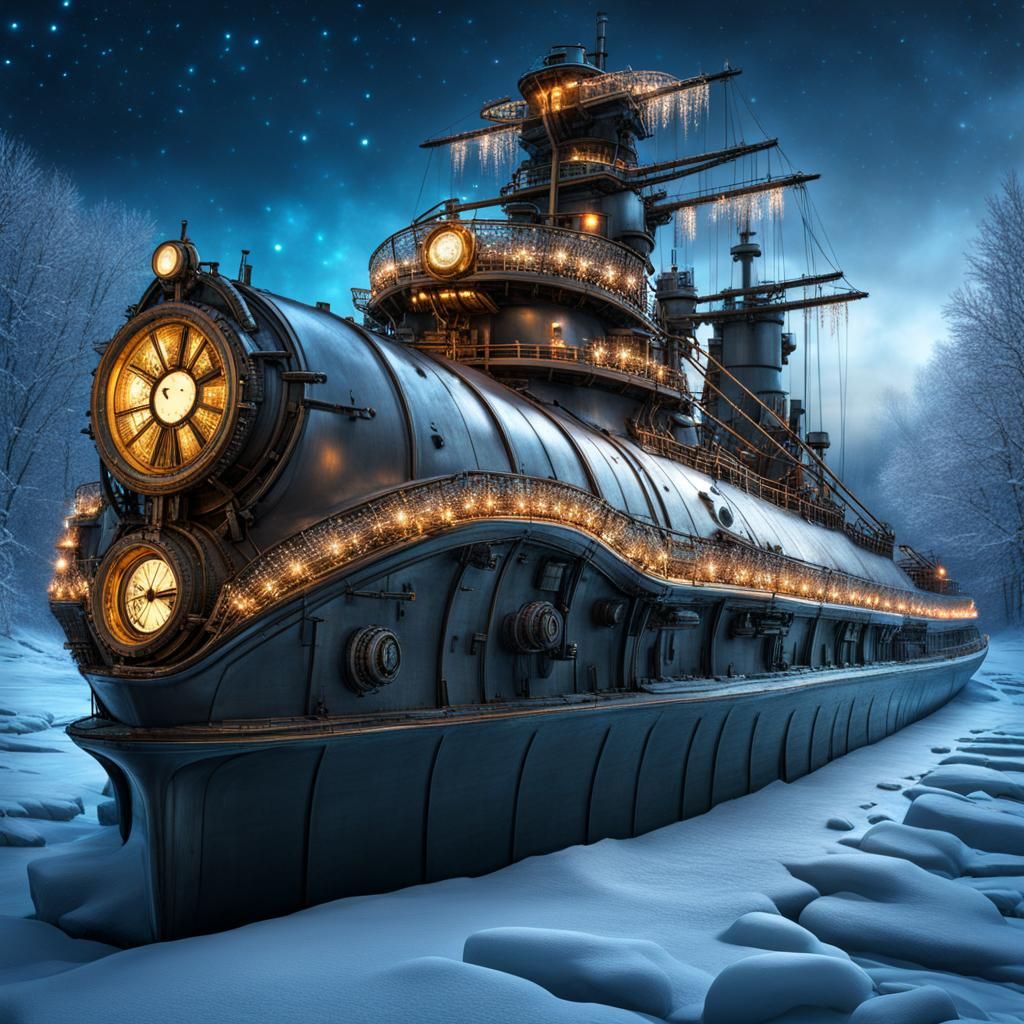 Steampunk Battleship Navigates Frozen Winter Sea