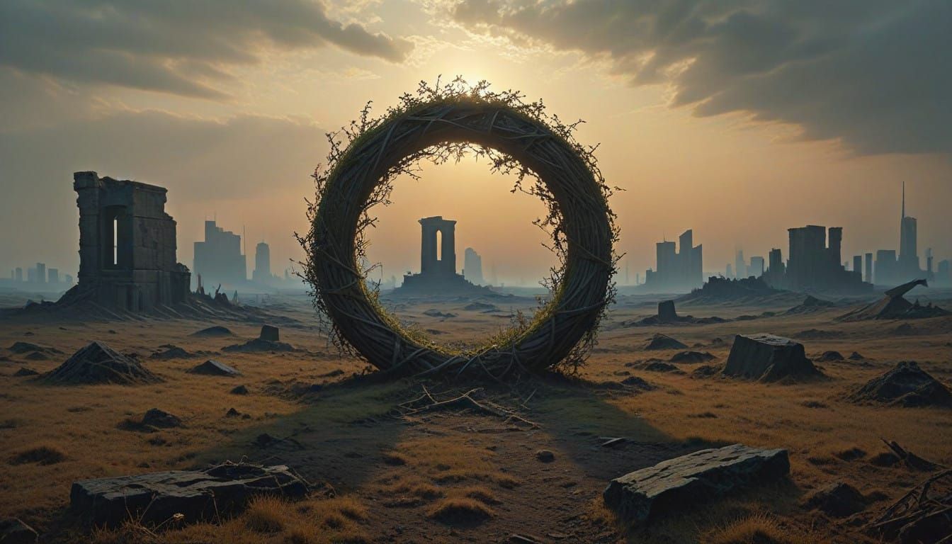 Surrealist Floral Wreath on the Grave of Civilization in Gol...