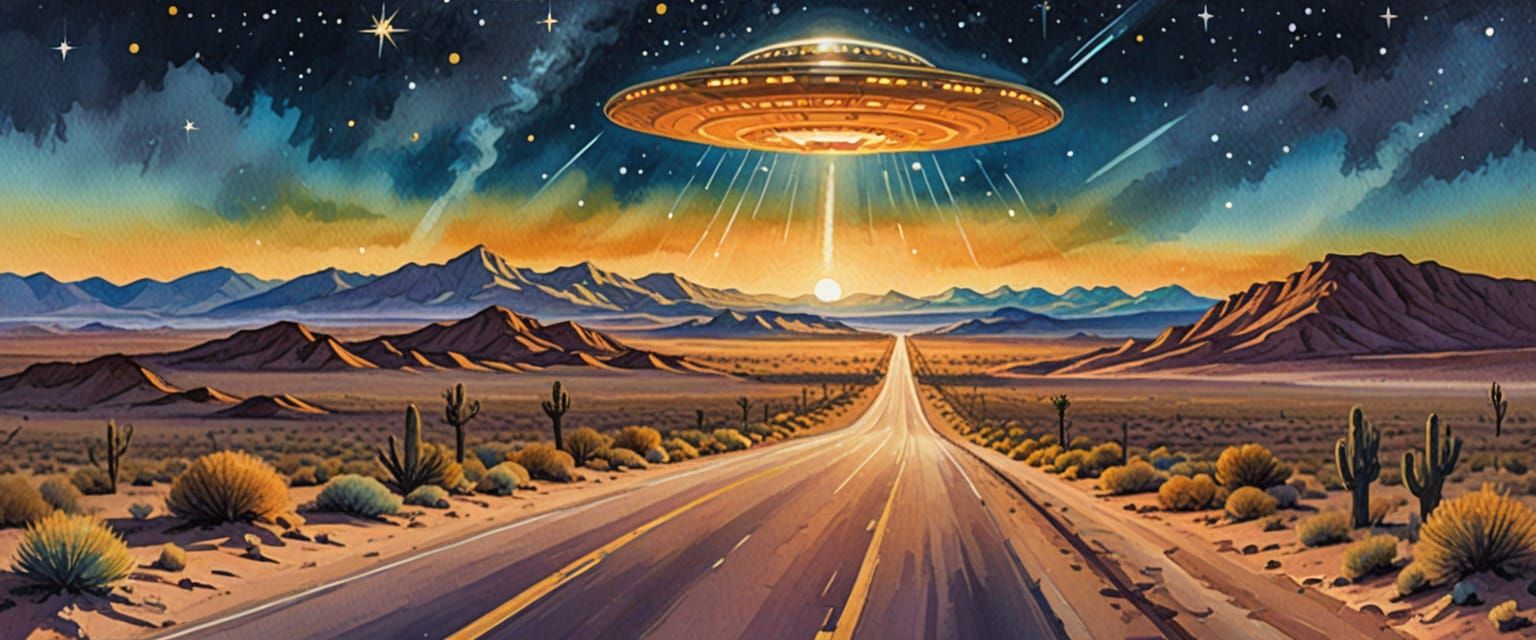 UFOs Hovering Over Desert Highway in Gouache Style