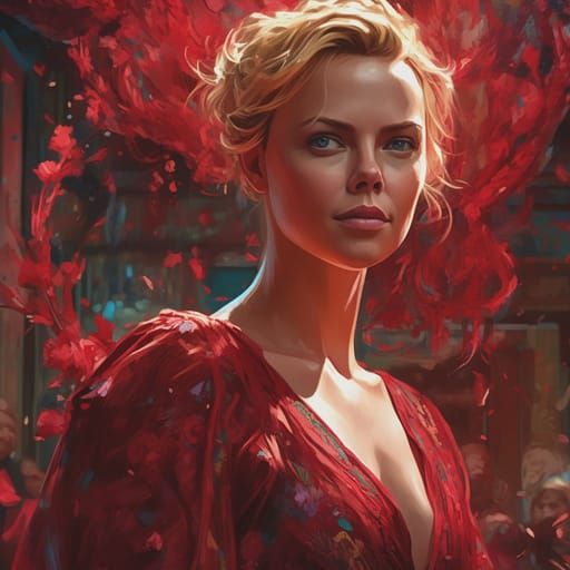 Glamorous Portrait in Ruby Red Gown, Digital Art