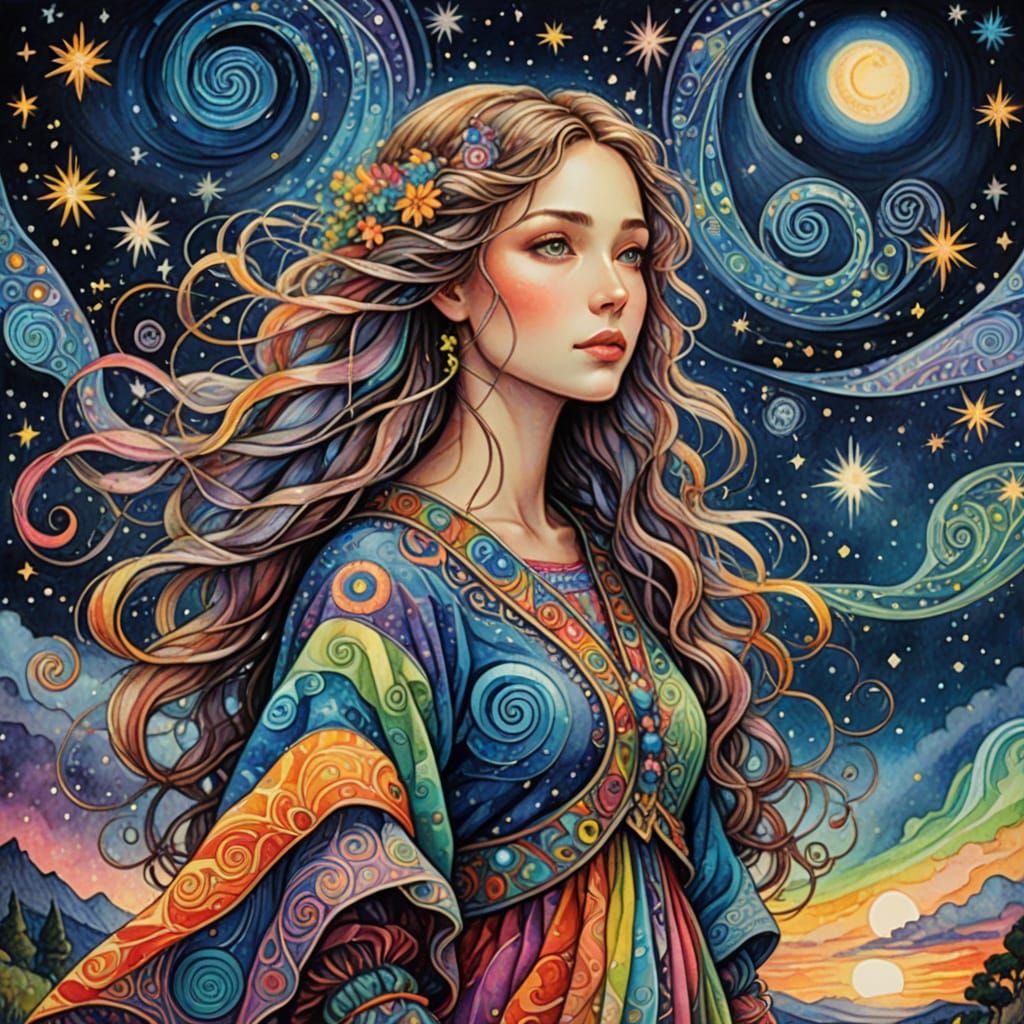 Whimsical Girl in a Starry Night Fantasy Art