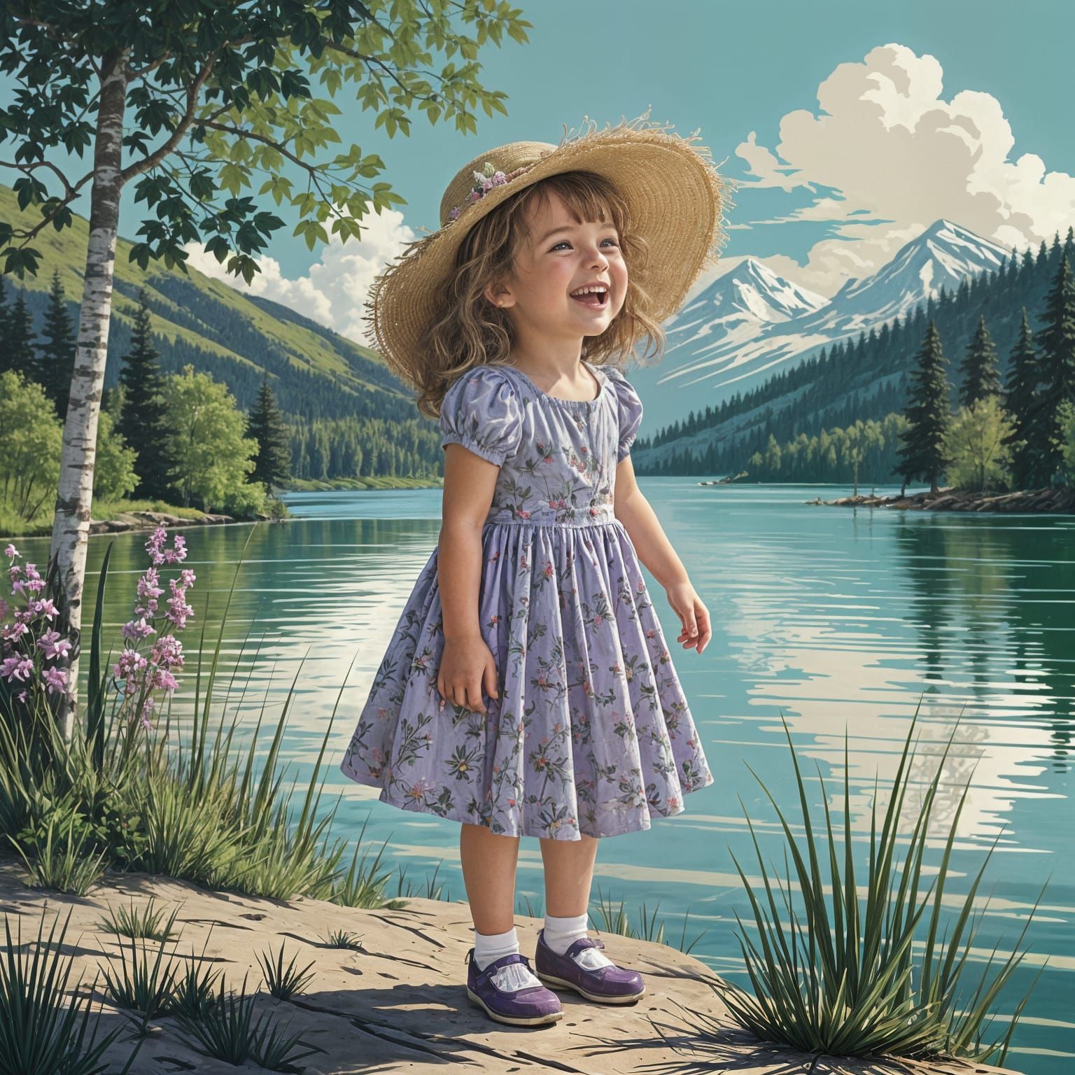 Joyful Girl by the Lake: Vintage Folk Art