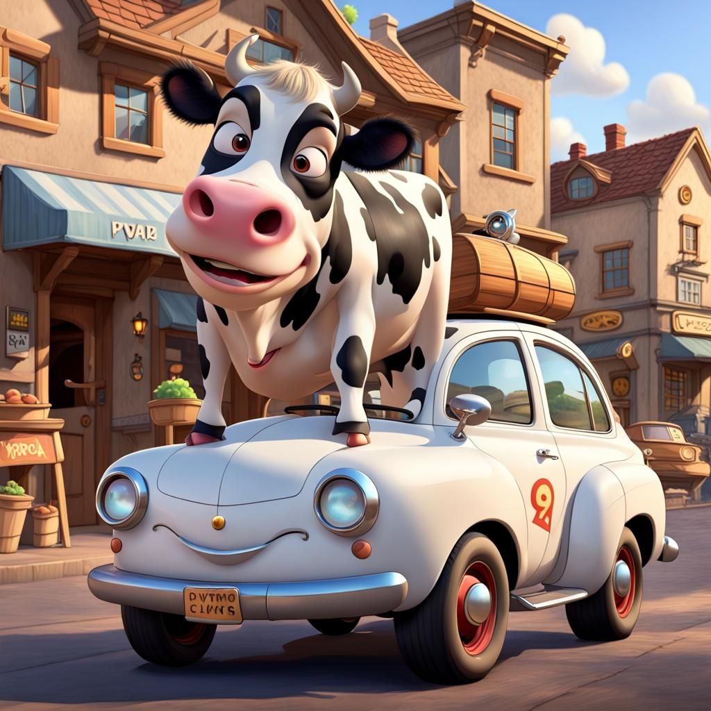 Cars Tipping Car Cows in Pixar Animation Style