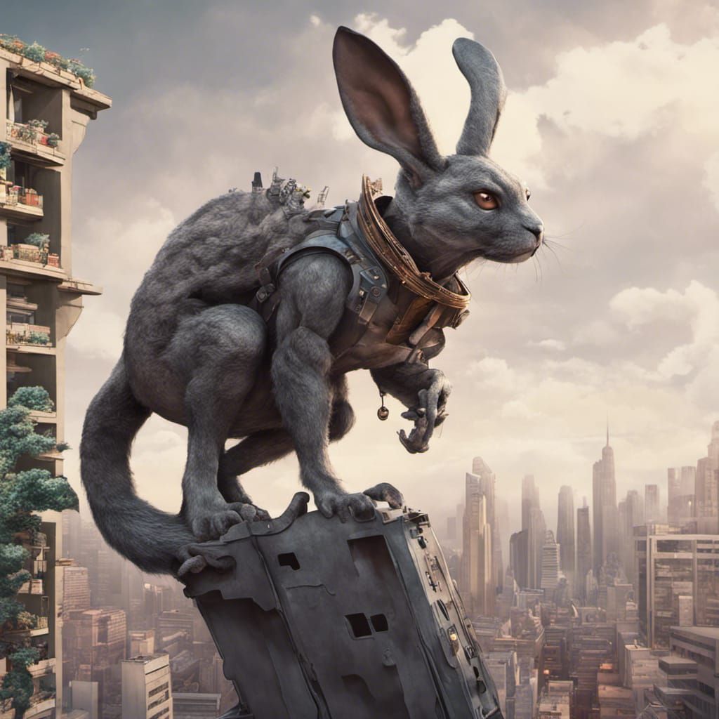 Kaiju Rabbit Seeks Balcony Snacks: 8K Concept Art