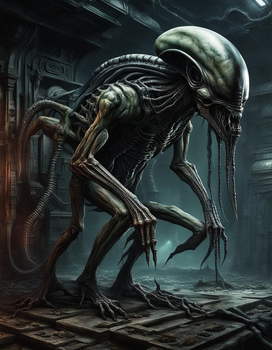 Menacing Alien in Giger-Inspired Sci-Fi Corridor