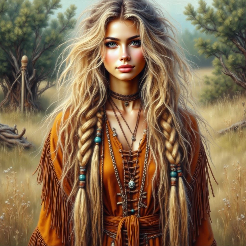 Native American Woman in Traditional Dress, Classic Illustra...