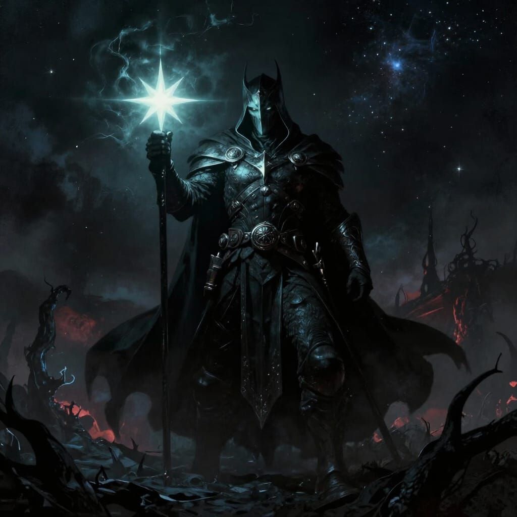 Dark Knight on Hellish Battlefield Holding Glowing Star