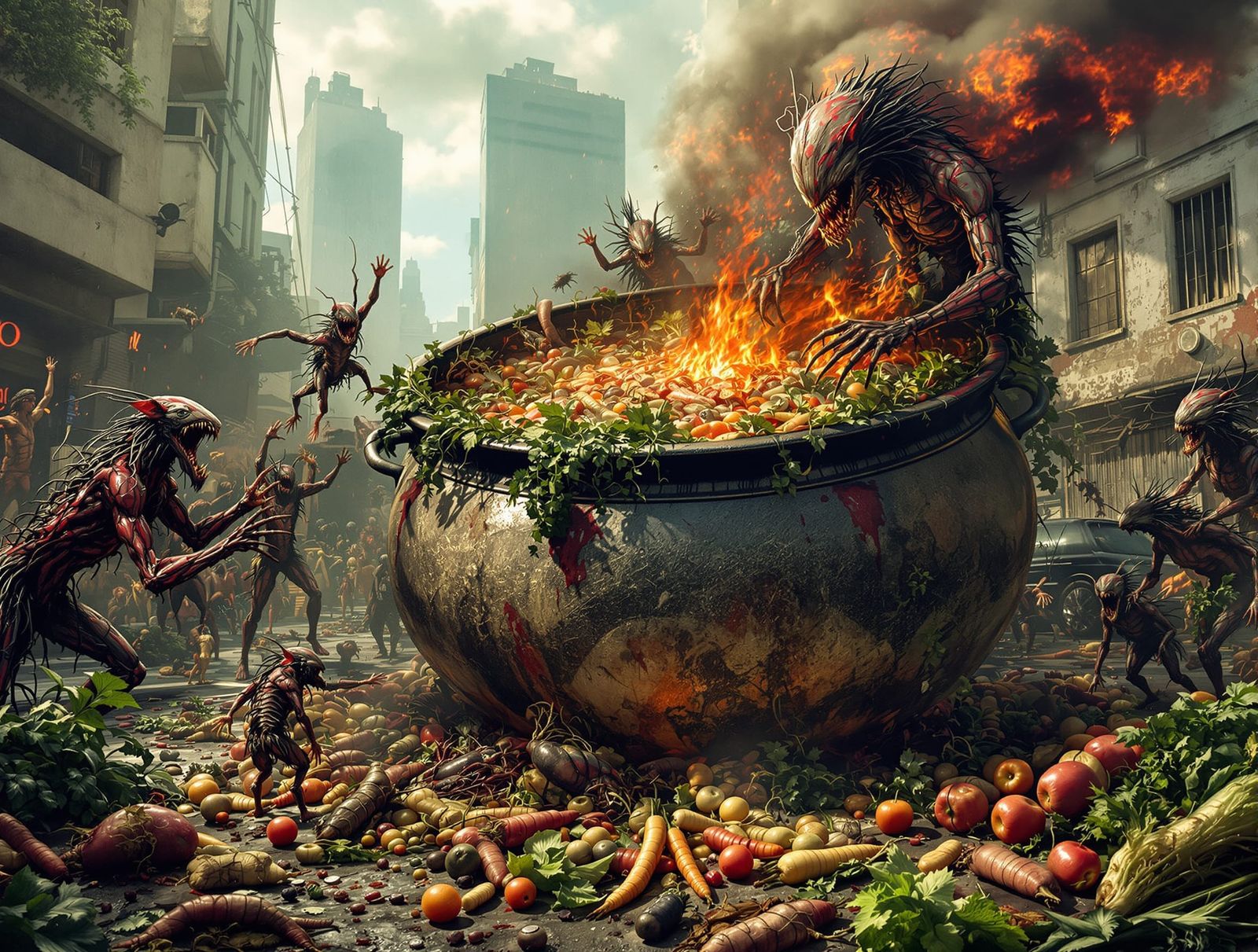 Mutant Scavengers Boil Foraged Foods in Cauldron