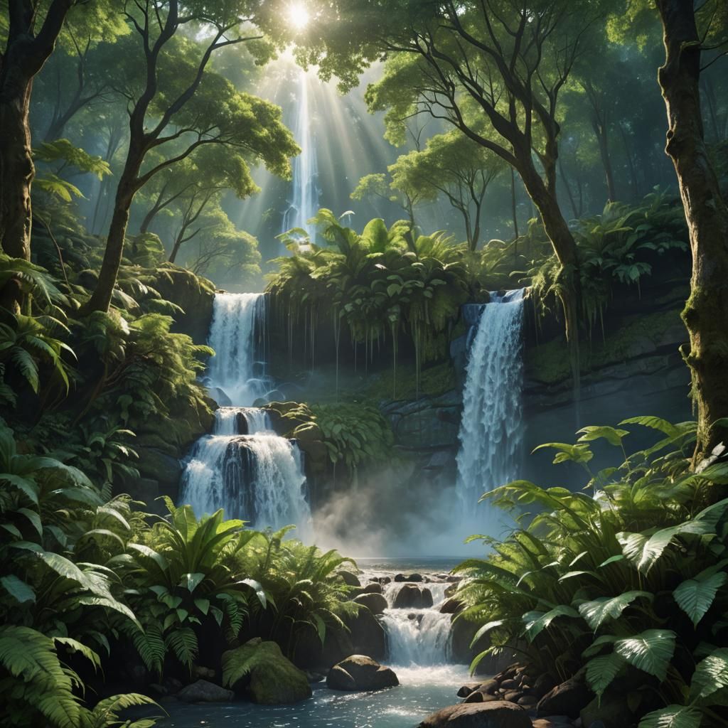Breathtaking Blue Waterfall in Lush Green Forest