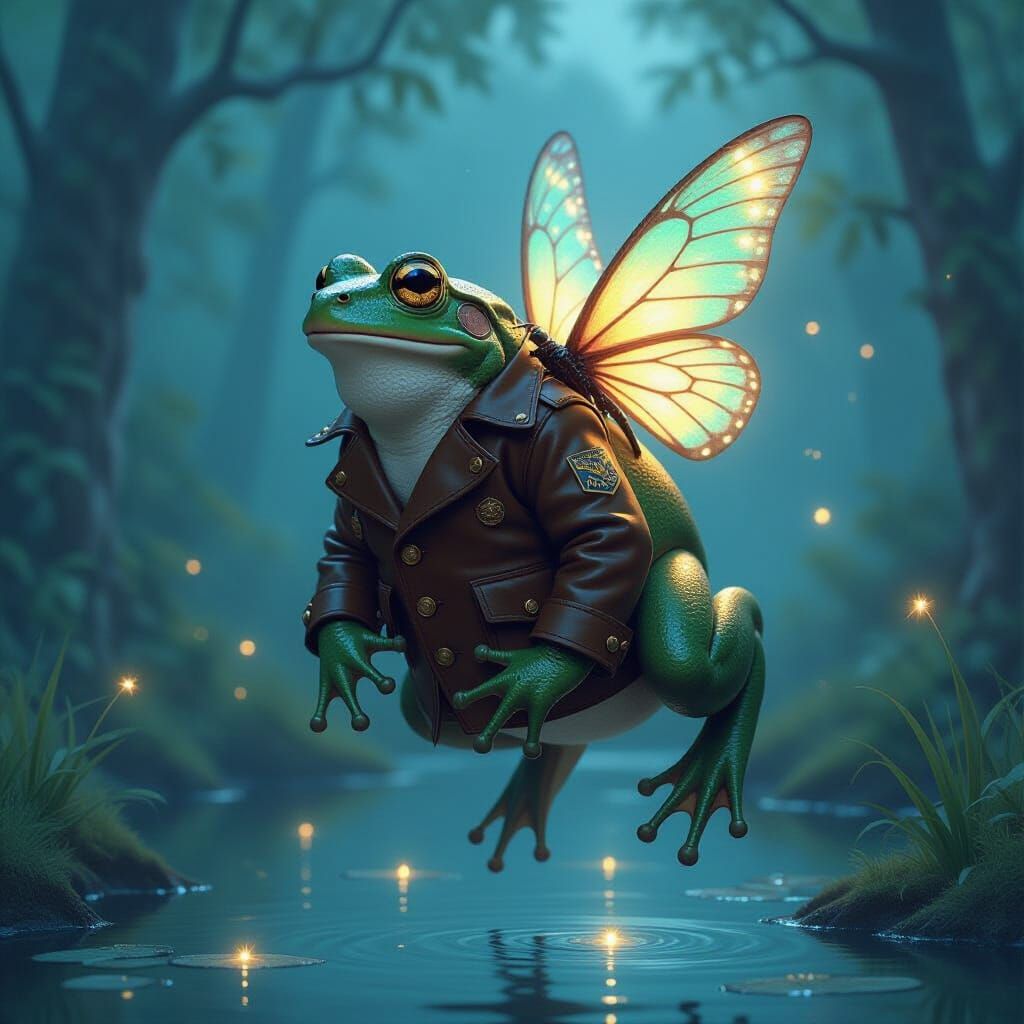 Bullfrog Aviator Rides Fairy Through Mystical Forest
