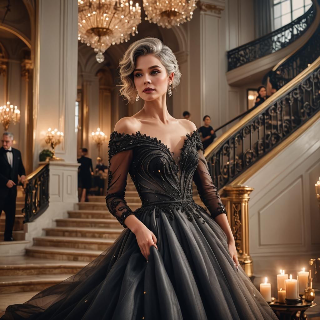 Elegant Woman in Black Gown: Digital Painting