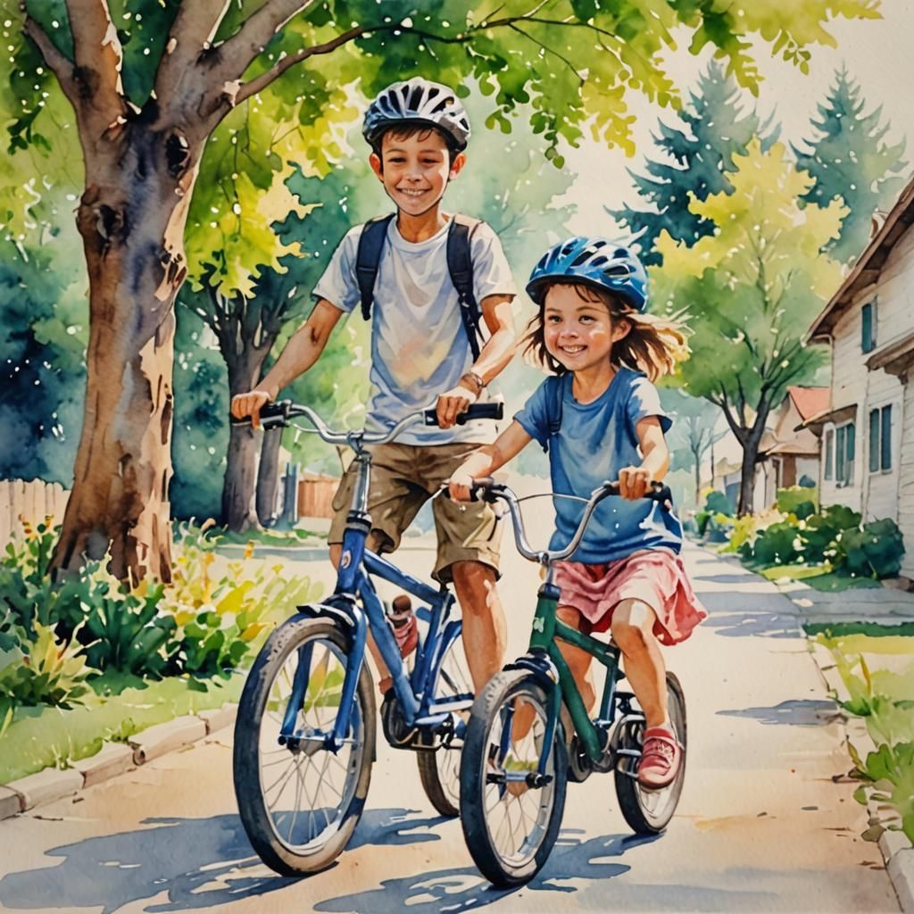 Watercolor of Brother Teaching Sister to Bike