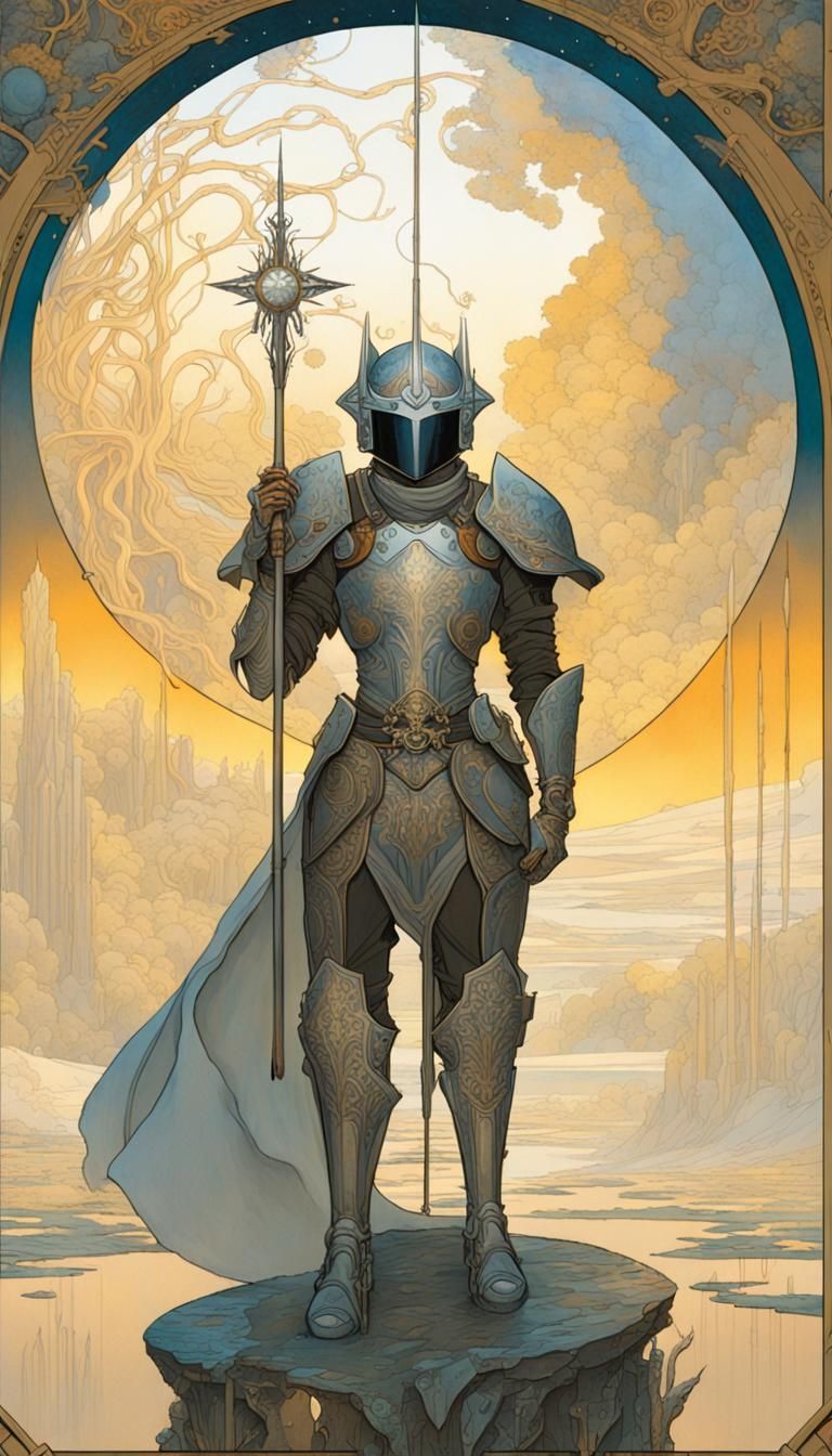 16k resolution, art by Yoshitaka Amano, Alphonse Mucha, Syd Mead, Brom, Vetarmora. A lone knight, clad in ornate armor, ...