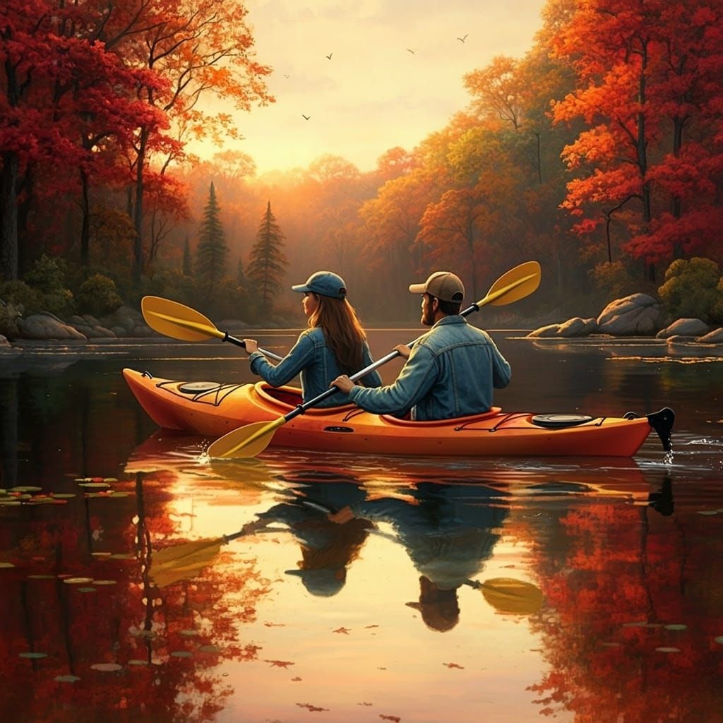 Romantic Sunset Kayakers in Majestic Autumn Landscape