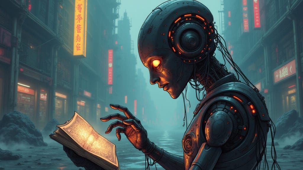 Cyborg's Solitude: Oil Tears in Futuristic Cityscape