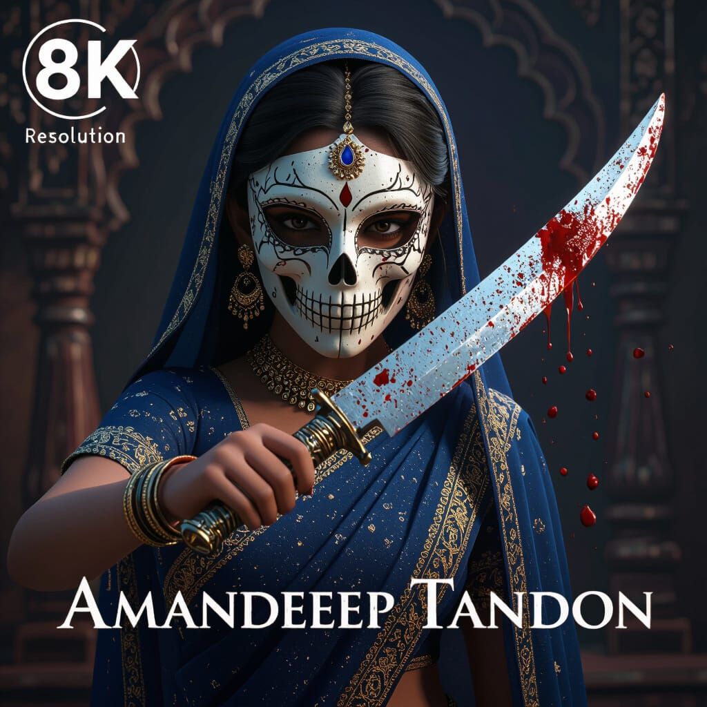 Girl in Bone Mask with Knife, Hyperrealistic 3D Render