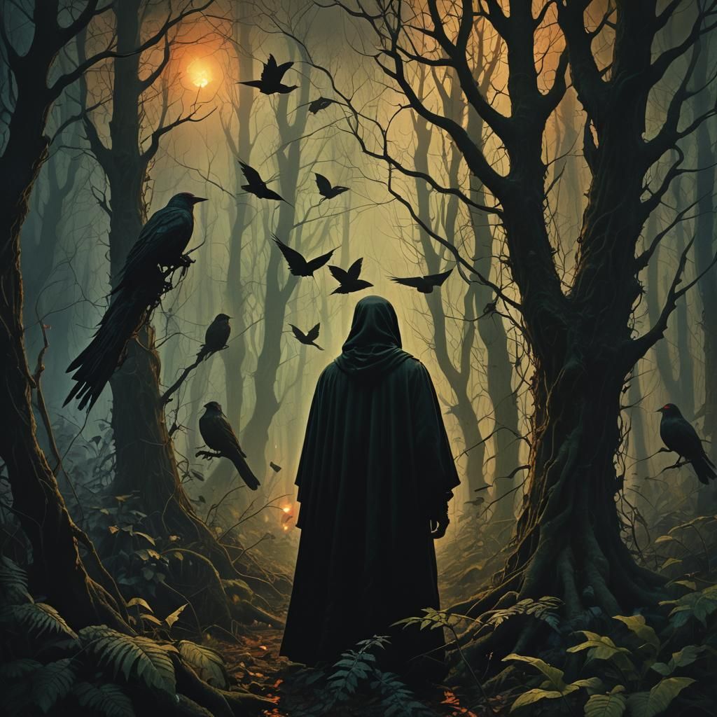 Mystical Forest: Dark Figure in a Surreal Landscape