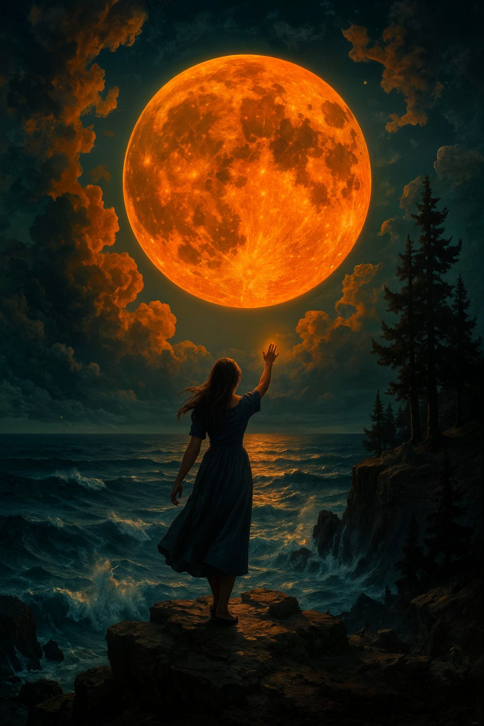 Woman in Dreamlike Landscape Under Glowing Orange Moon
