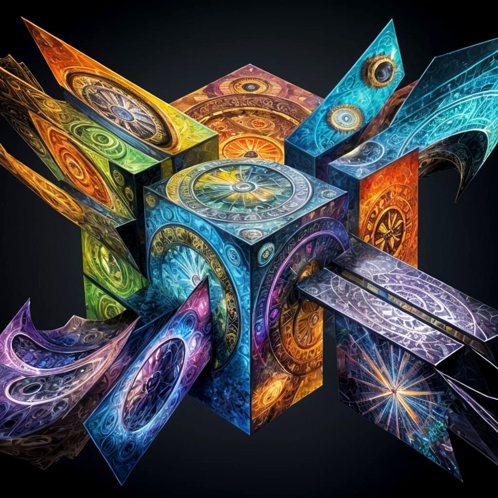 Surreal Time Cube with Ancient and Futuristic Themes