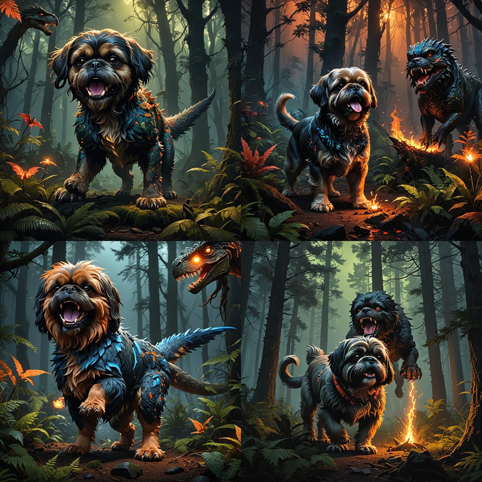 Shih Tzu T-Rex Hybrid in Mystical Forest