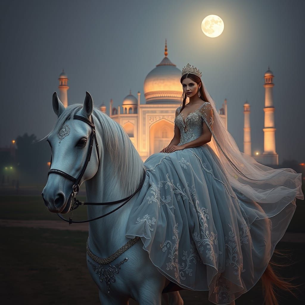 Princess on White Horse near Taj Mahal in Dreamy Style