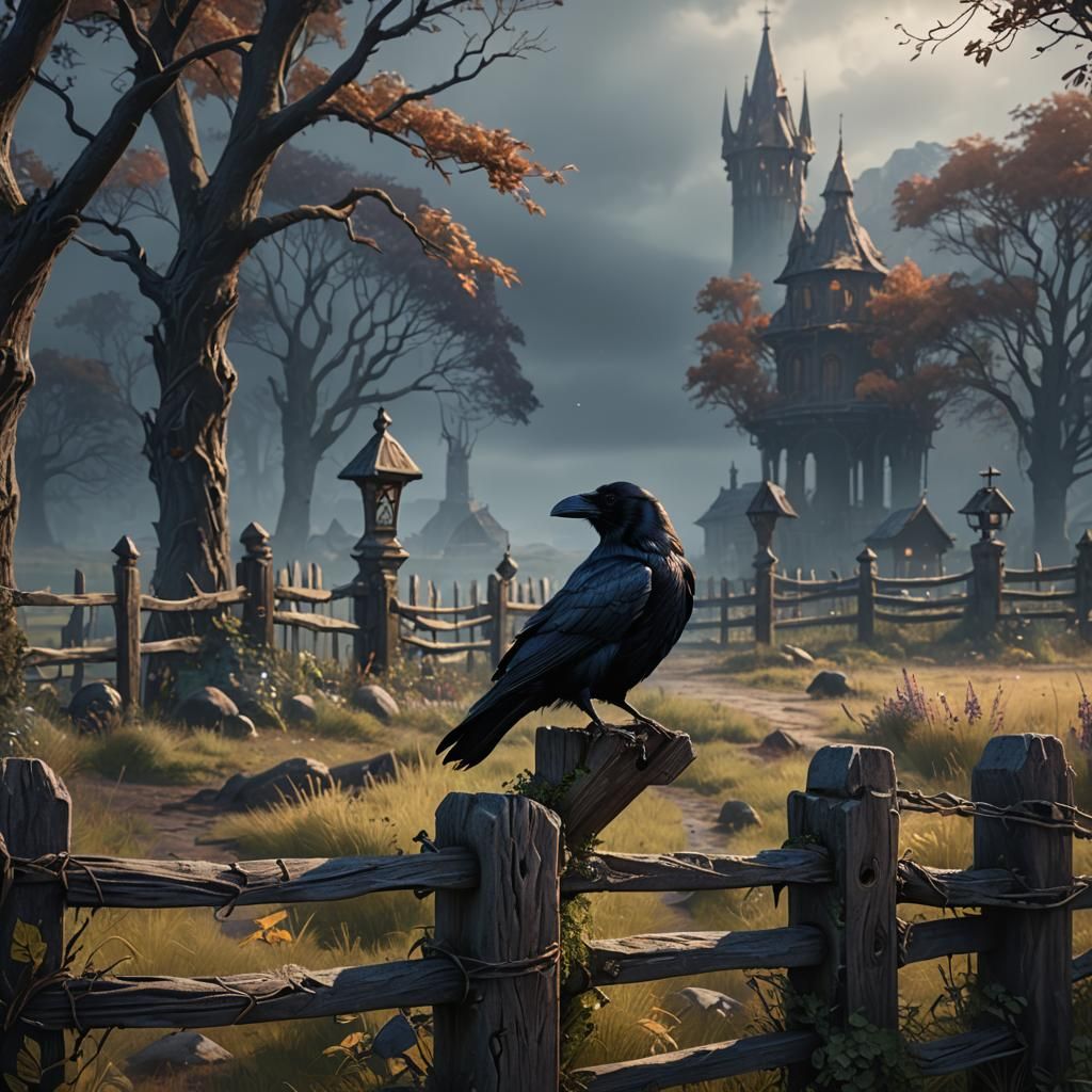 Raven on Fence Post in Detailed Matte Painting Style