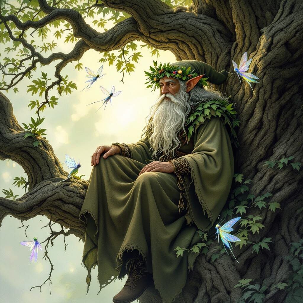 Enchanted Elf in Oak with Pixies, Brian Froud Style