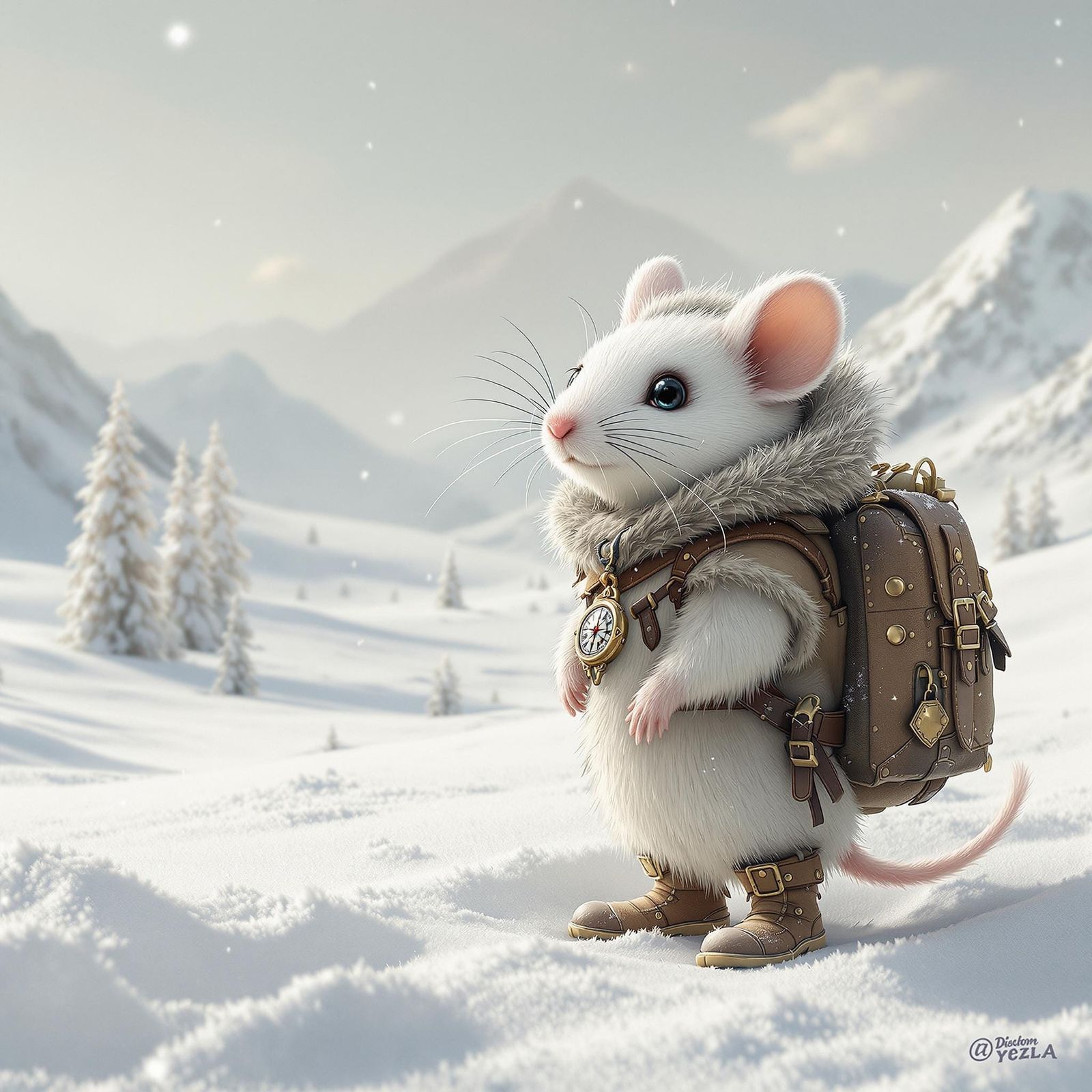 Heroic Mouse in Serene Snowy Landscape