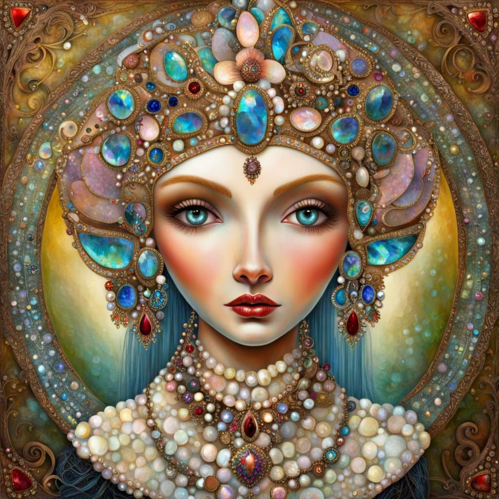Iridescent Jeweled Queen in Folk Art Style