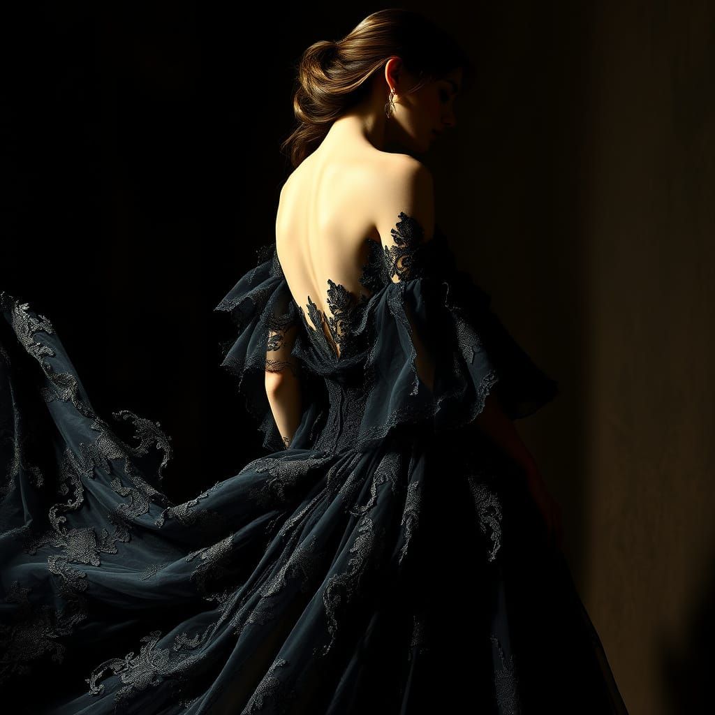 Woman in Magnificent Black Lace Gown with Chiaroscuro Lighti...