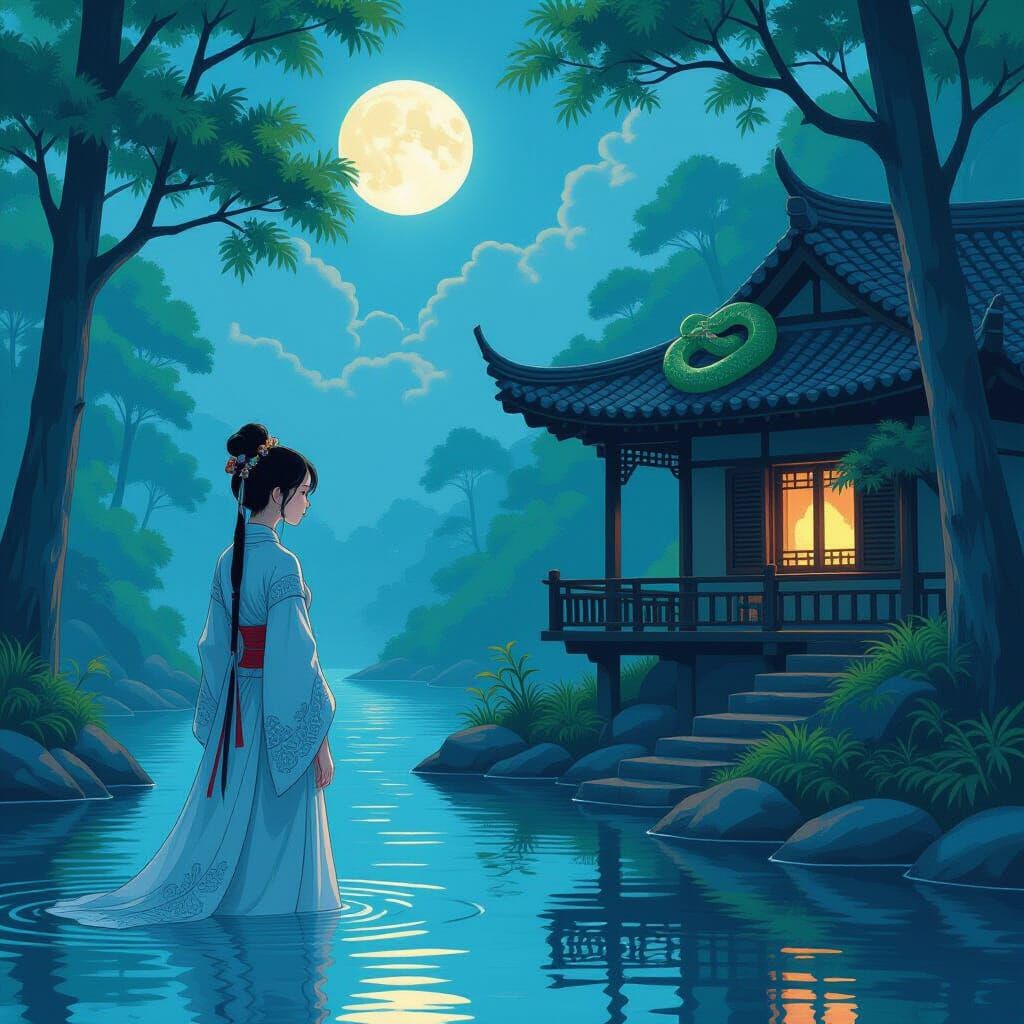 Girl in Hanfu by Moonlit River with Snake