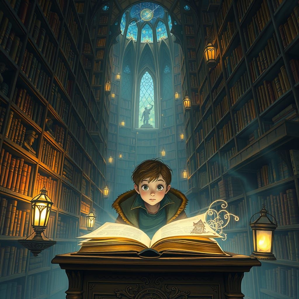 Enchanted Library of Wonders in a Celestial Realm